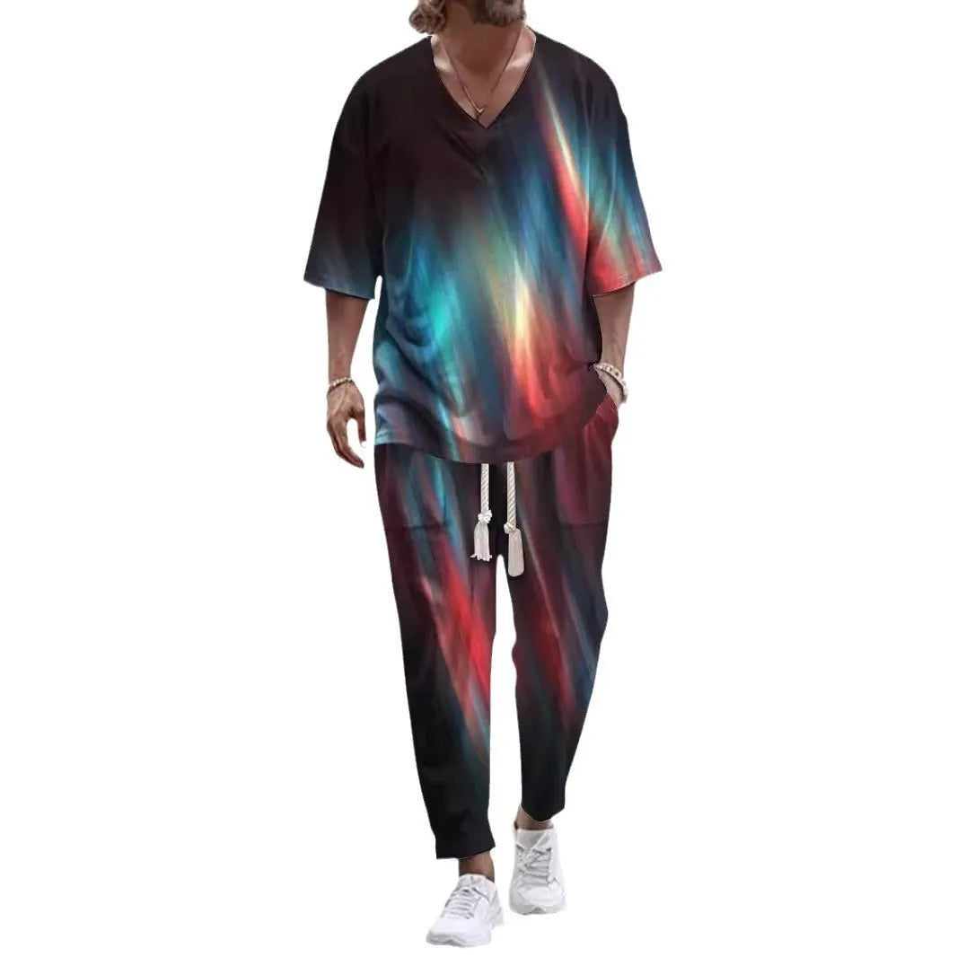 V-neck trousers suit with cropped sleeve jacket and matching trousers in thin polyester fabric
