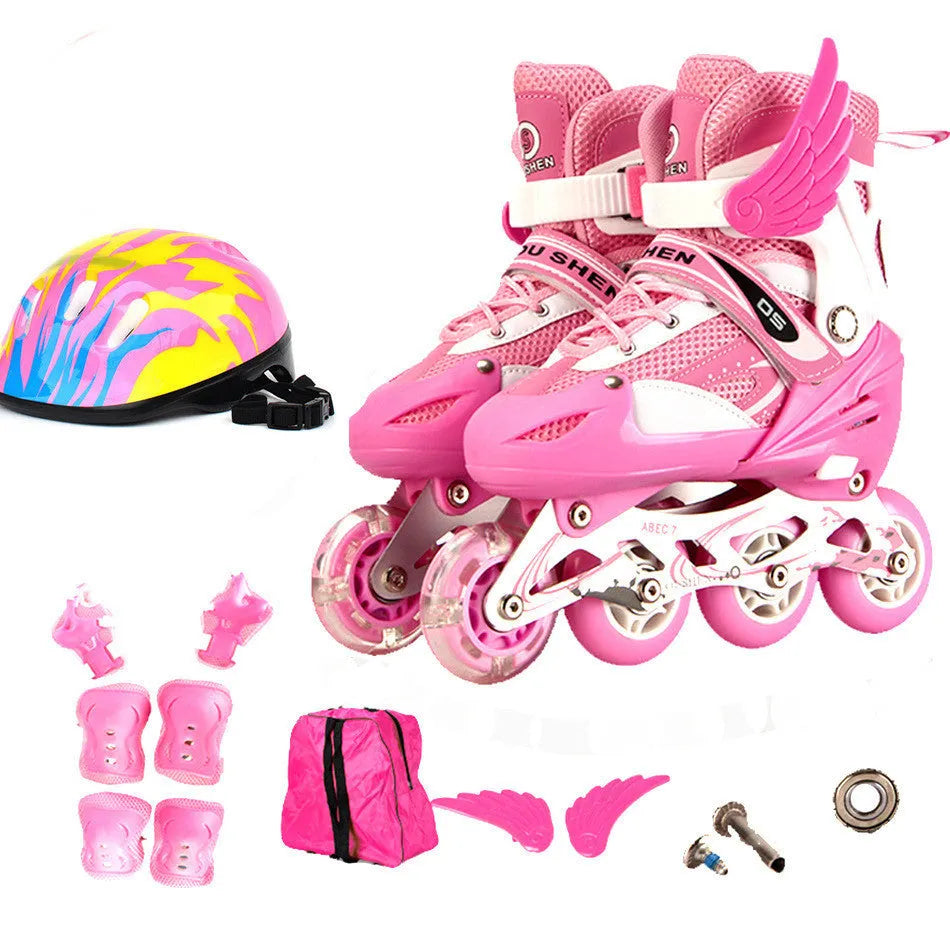 Adjustable PU children's inline skates with aluminium frame, foam wheels, and matching protective gear set in various colours.