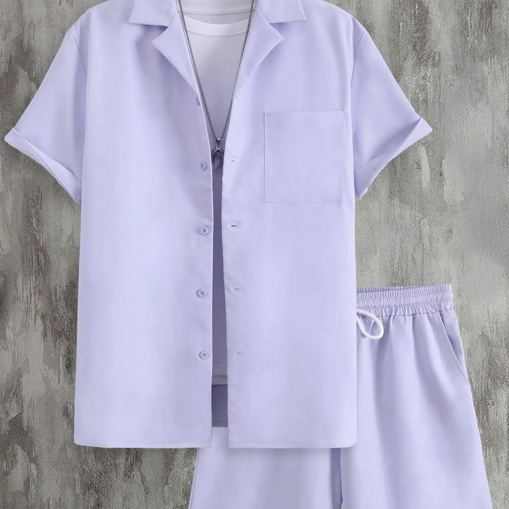 Men's light grey Cuban collar short sleeve shirt with matching shorts sport suit set
