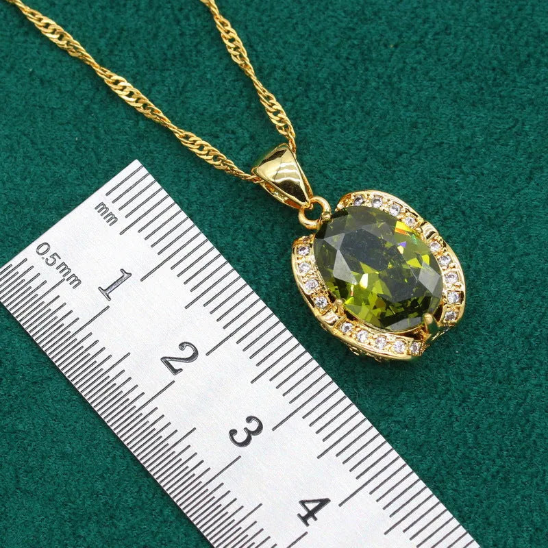 Full rhinestone zircon women's jewellery set with necklace, earrings and ring in olive green or red