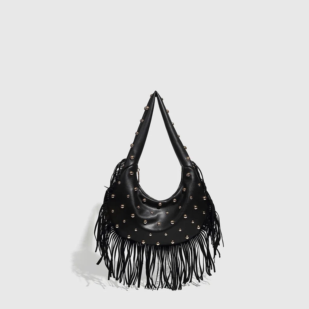 Retro black shoulder handbag with a long tassel and a wine red colour option, shown with internal phone pocket.