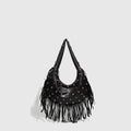 Retro black shoulder handbag with a long tassel and a wine red colour option, shown with internal phone pocket.
