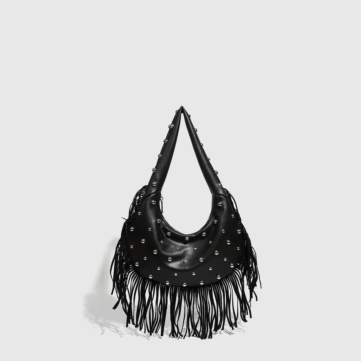 Retro black shoulder handbag with a long tassel and a wine red colour option, shown with internal phone pocket.