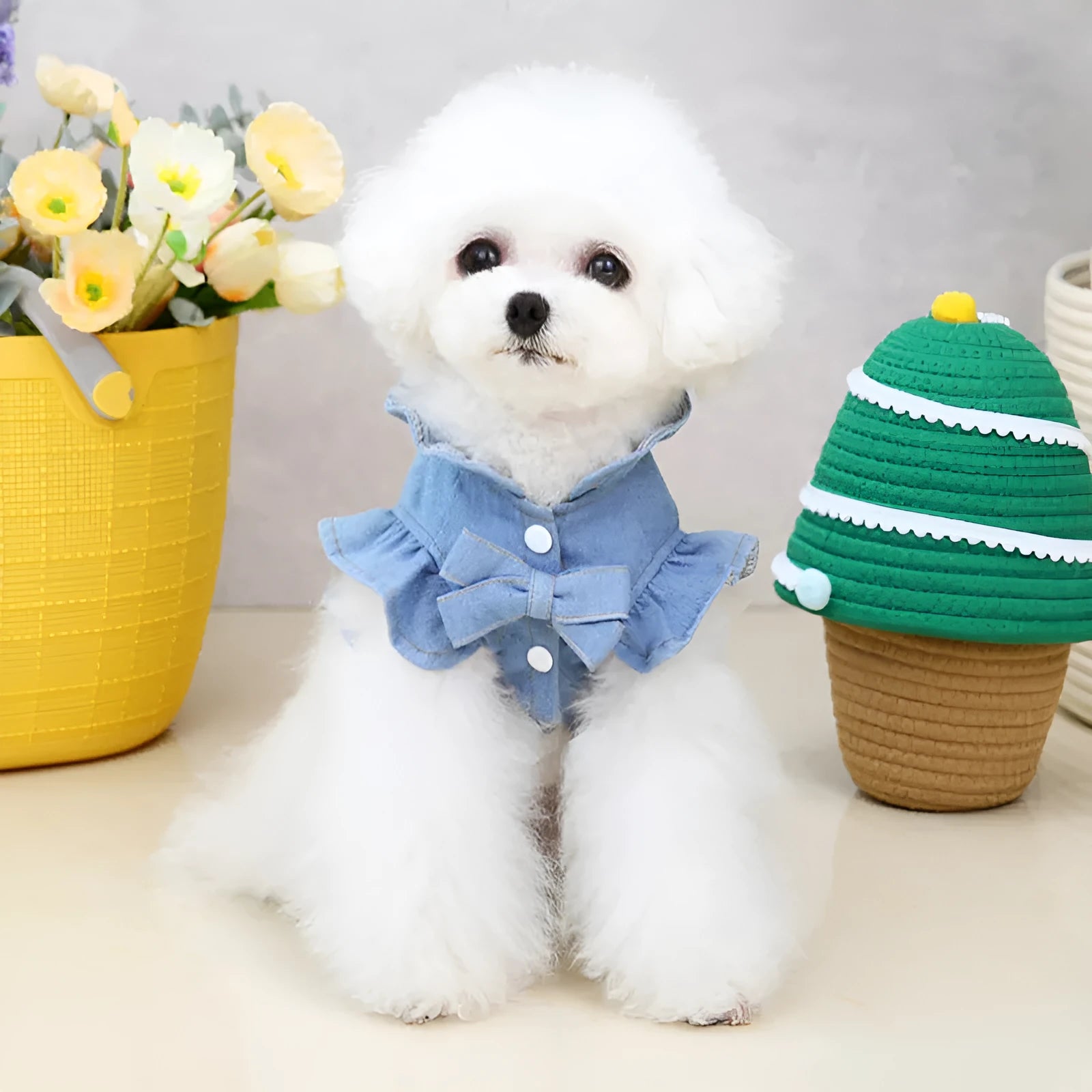 Blue denim pet dress with ruffles on the chest and a metal leash hook.