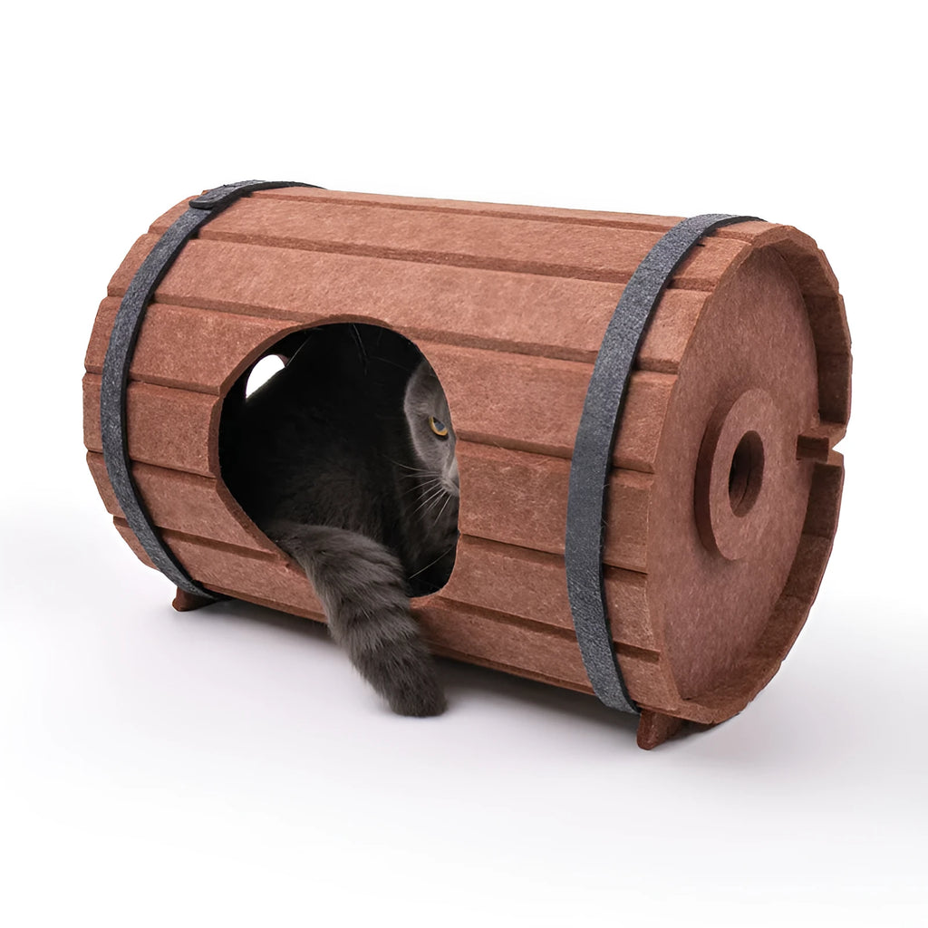 Assembled wine barrel-shaped cat bed made from soft grey polyester fibre felt.