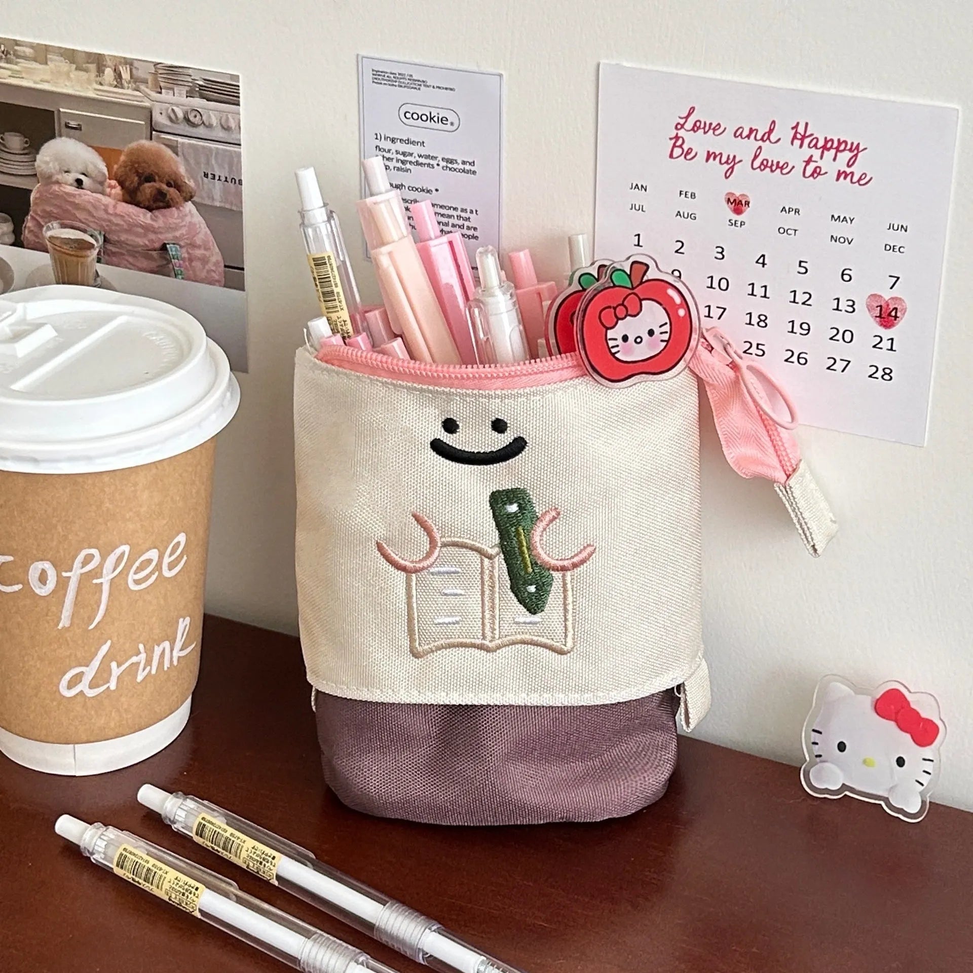Korean-style Oxford fabric pencil case measuring 17cm by 14cm in brown or green colours