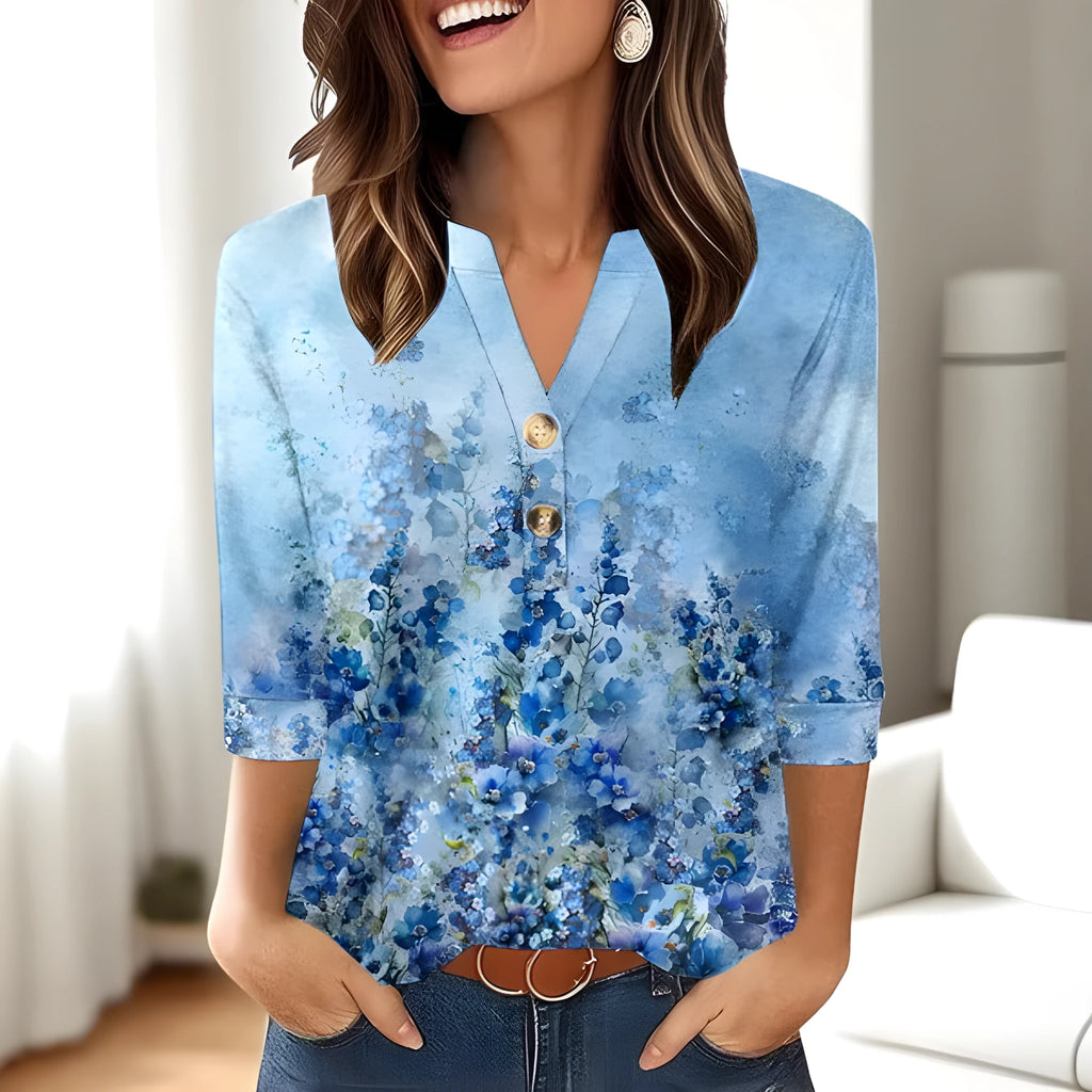 Women's loose-fit casual V-neck top with a 3D pattern print in various colour options.