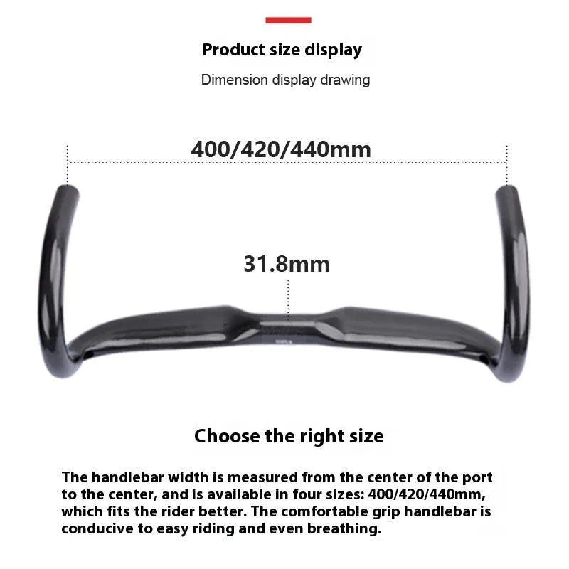 Carbon fibre road bicycle drop handlebar in black, grey, and silver UD weave, shown in 400mm, 420mm, and 440mm widths.