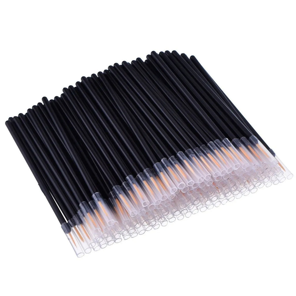 One hundred black disposable eyeliner brushes with ultra-fine pointed tips and clear plastic protective sleeves