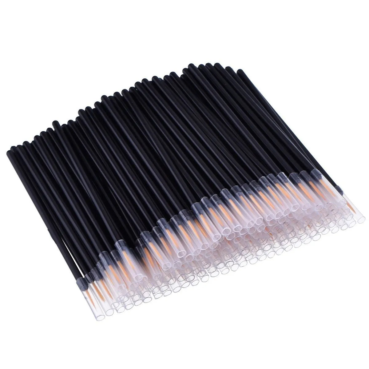 One hundred black disposable eyeliner brushes with ultra-fine pointed tips and clear plastic protective sleeves
