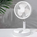Black portable telescopic folding fan extended to full height and also shown folded down to compact size.