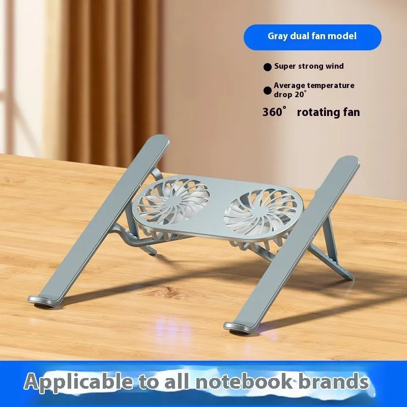 Silver aluminium alloy portable laptop cooling stand with twin fans and adjustable height in folded position