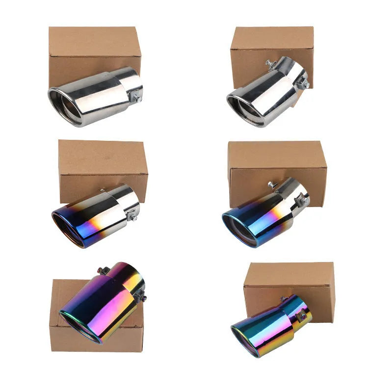 Stainless steel car exhaust tail pipe in baked blue, bright silver, and colourful finishes showing straight and curved shape options.
