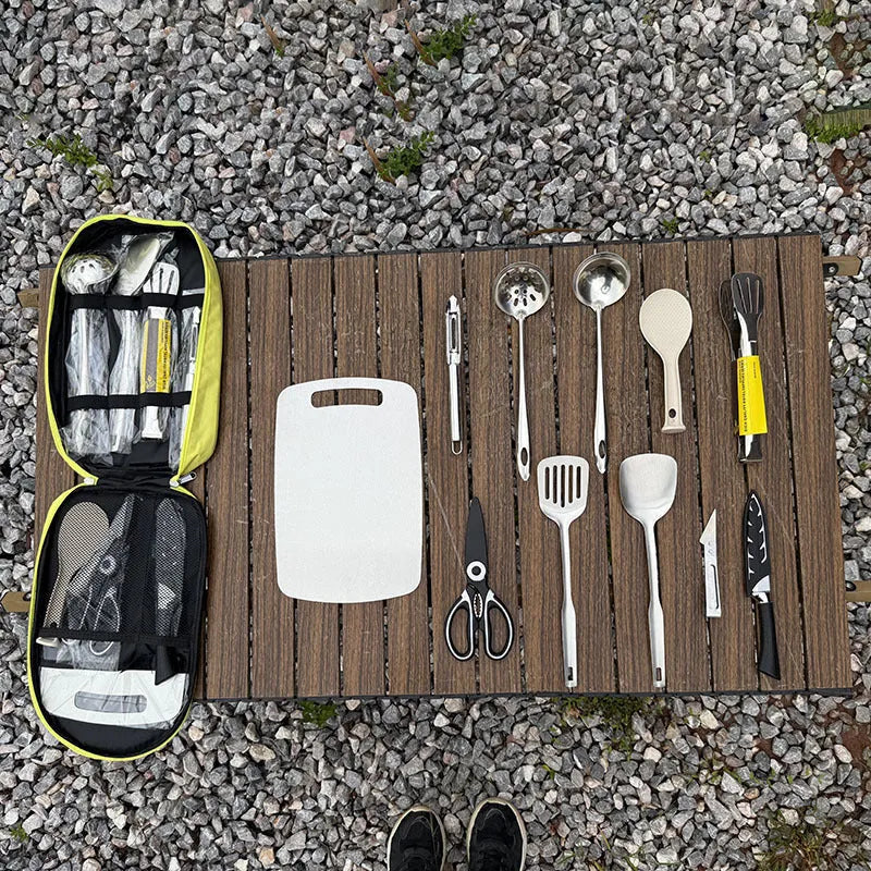 Portable picnic kitchenware storage bag containing 12 stainless steel utensils in khaki colour