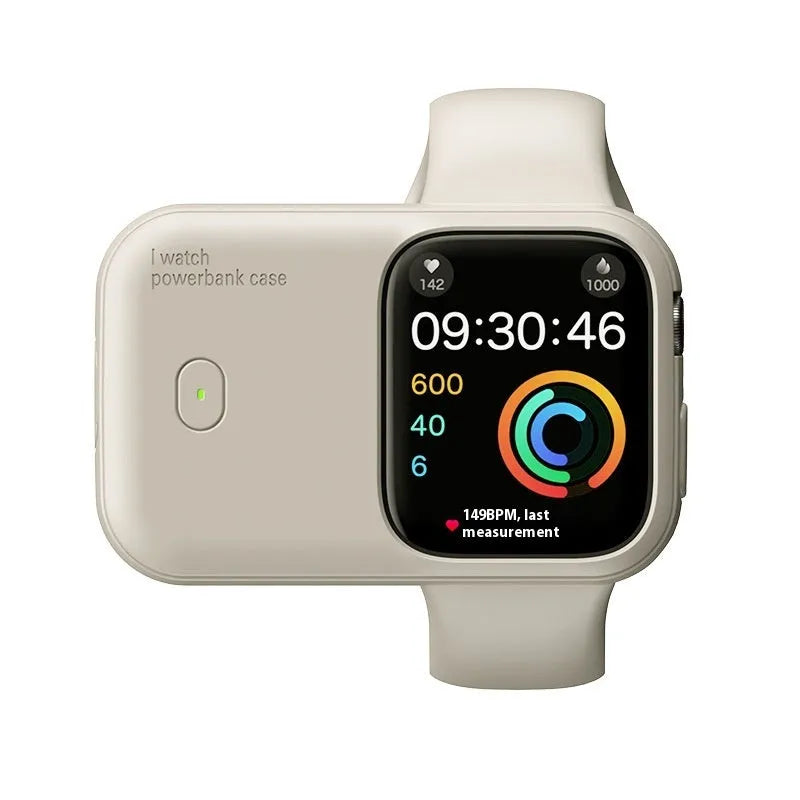 Apple Watch portable wireless charging case with silicone protective sleeve in Brown, Midnight Blue and Starlight colours.