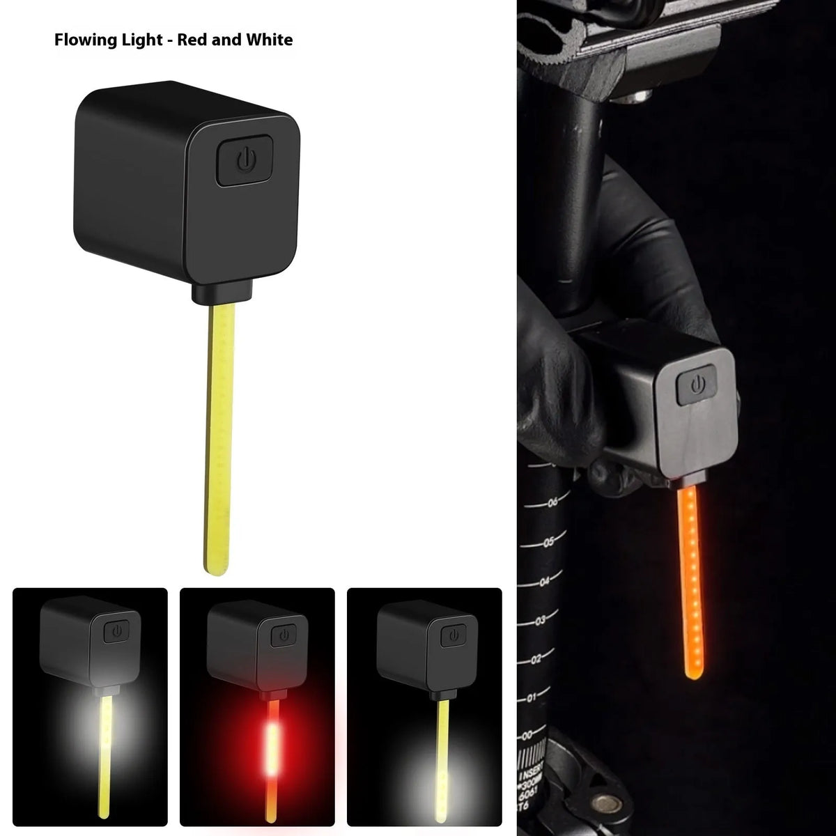 Bicycle taillight with running water LED light pattern mounted on bike seat tube for night riding safety