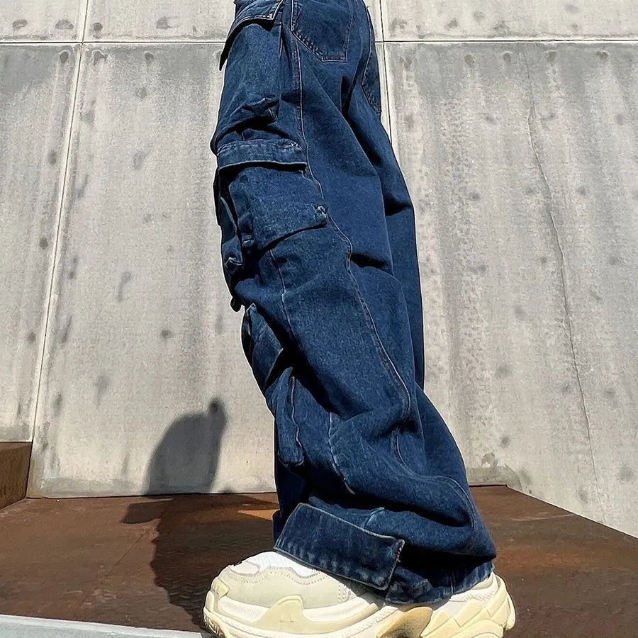 Dark blue distressed wide leg jeans with high waist and multiple pockets