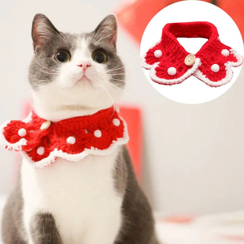 Knitted pet collar in wool and milk cotton with cartoon pattern, shown in multiple sizes for small animals.