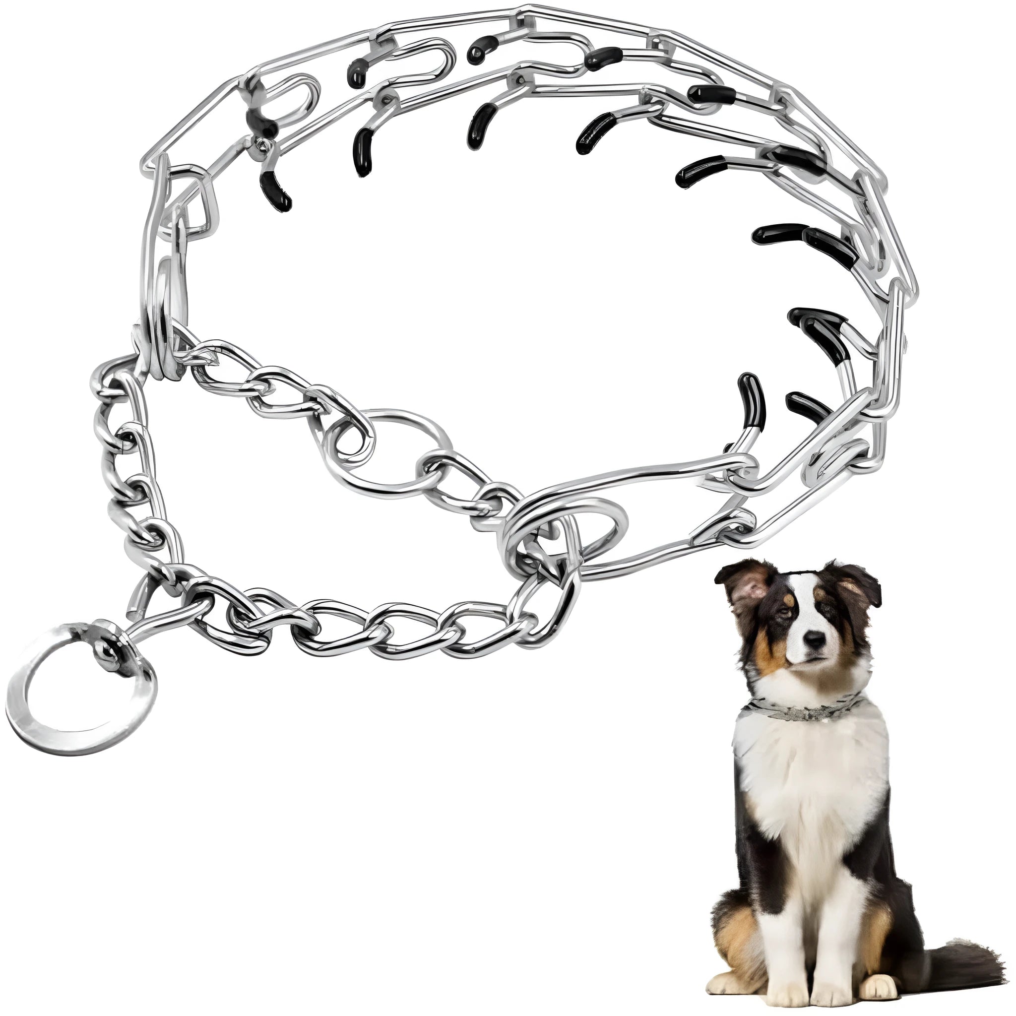 Stainless steel dog pinch training collar with round links and rubber tips, shown adjustable for medium or large breeds.
