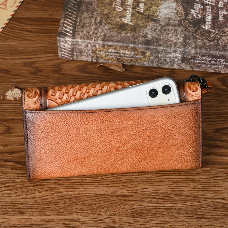Chinese style embossed tri-fold wallet in retro brown with flower patterns