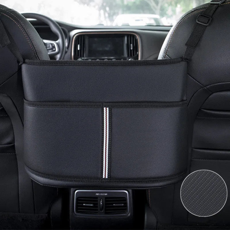 Black leather car seat storage bag with sports carbon fibre pattern measuring 38cm