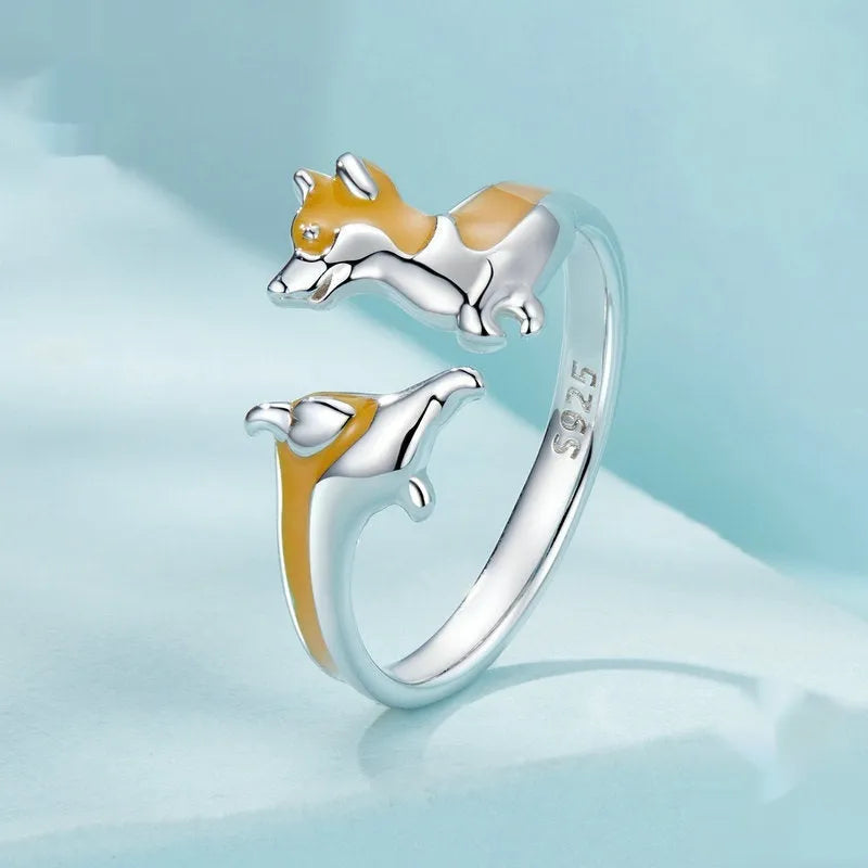 Silver corgi dog cartoon ring with electroplated SCR1014-E colour finish for women