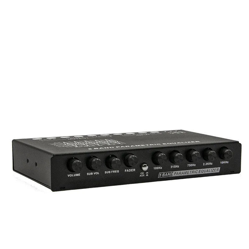 Black car audio EQ tuning body with 6-channel output and 7-band frequency controls for subwoofers