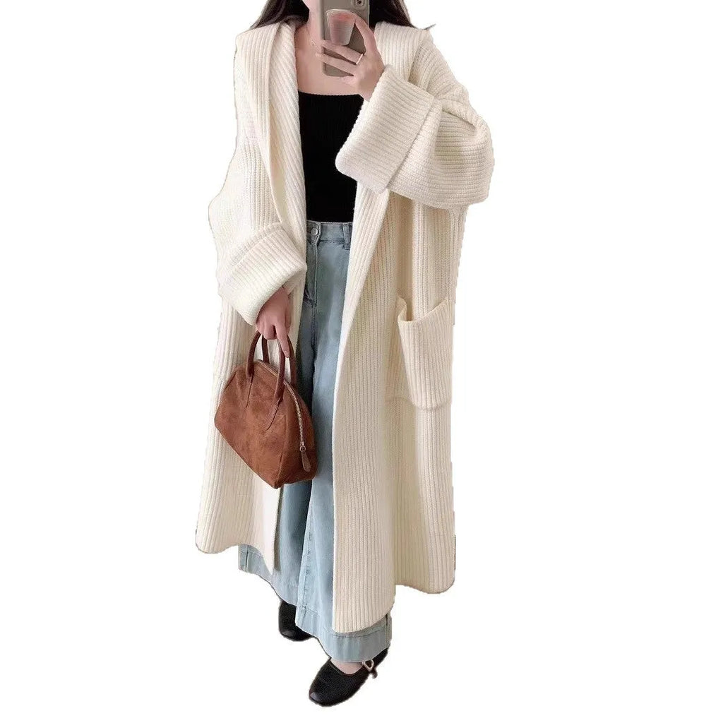 Women's loose hooded acrylic cardigan coat in beige colour with 80cm length