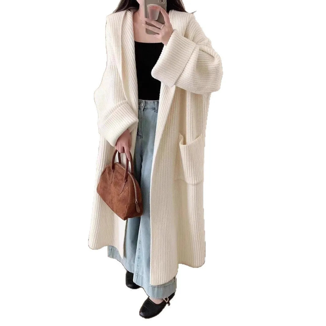 Women's loose hooded acrylic cardigan coat in beige colour with 80cm length
