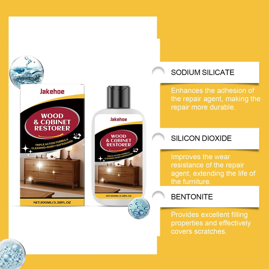 Wooden furniture scratch care kit showing 100ml bottle and 20x20cm microfibre towel for cleaning wood surfaces