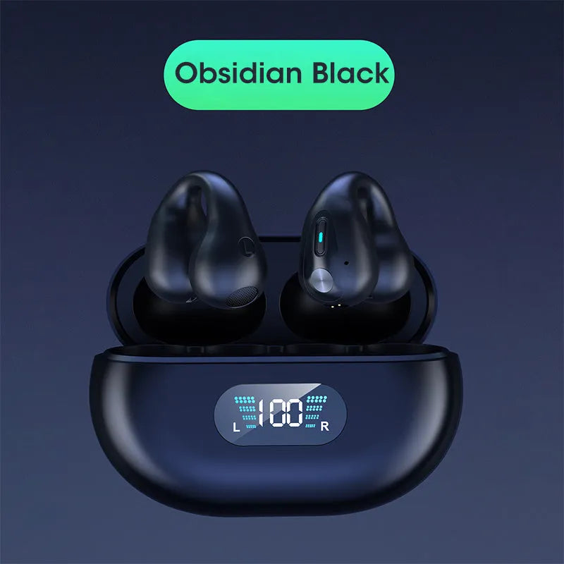 Bone conduction Bluetooth ear clip headset in black, white, or khaki colours showing ear clip design