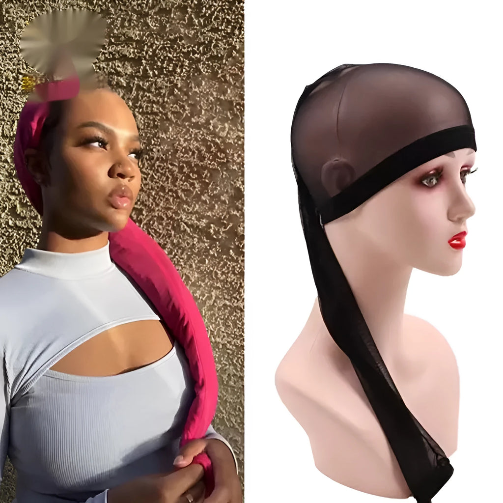 Mesh wig cap with elastic oversleeve design shown in various colour options including leopard print