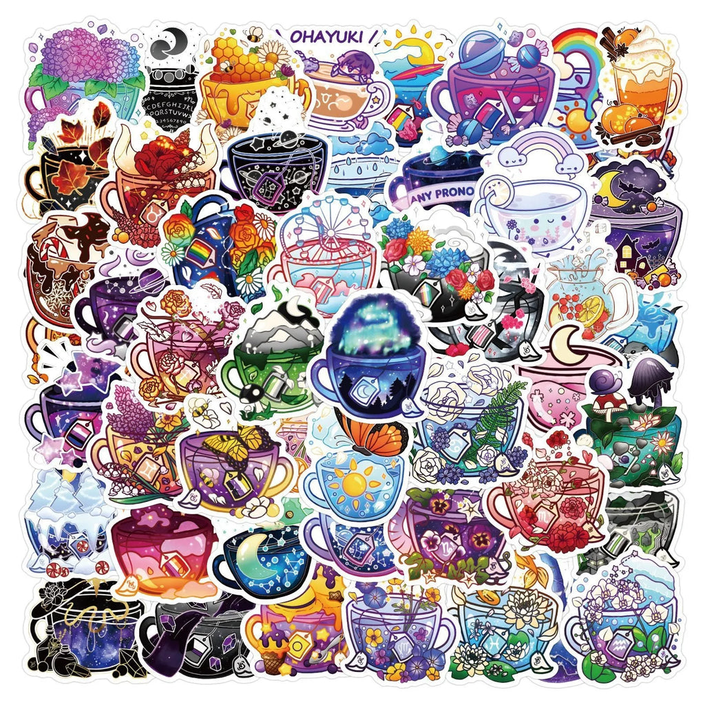 50 piece pack of colourful tea cup graffiti waterproof stickers for sports scooters and luggage in Nordic style