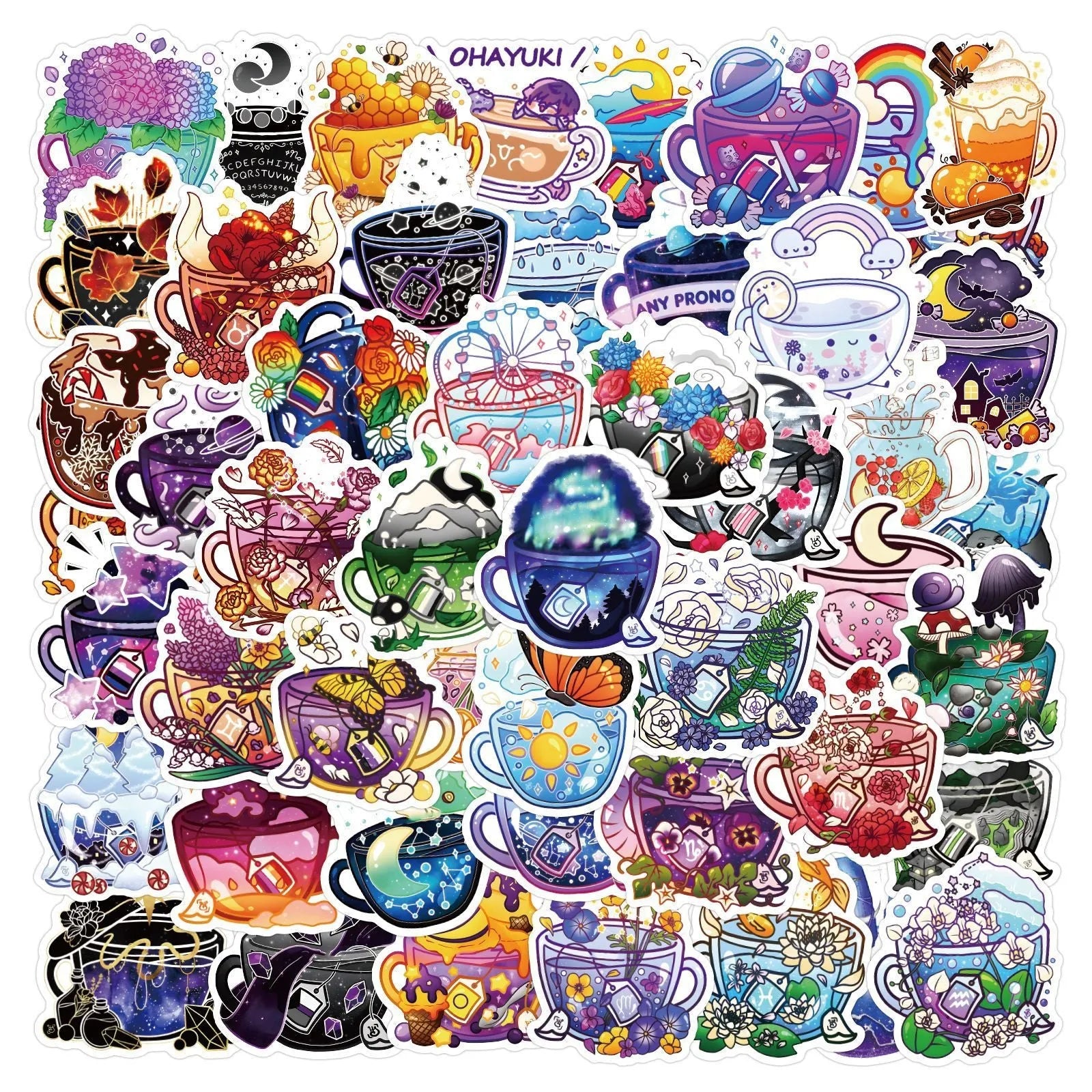 50 piece pack of colourful tea cup graffiti waterproof stickers for sports scooters and luggage in Nordic style