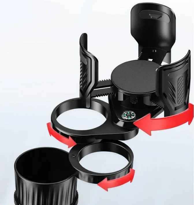 Black car water cup holder with adjustable base showing retracted and extended positions