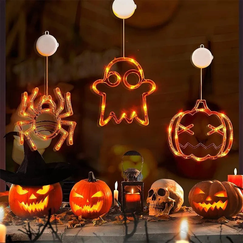 Halloween window hanging LED lights set with spider, pumpkin, and ghost decorations on suction cups