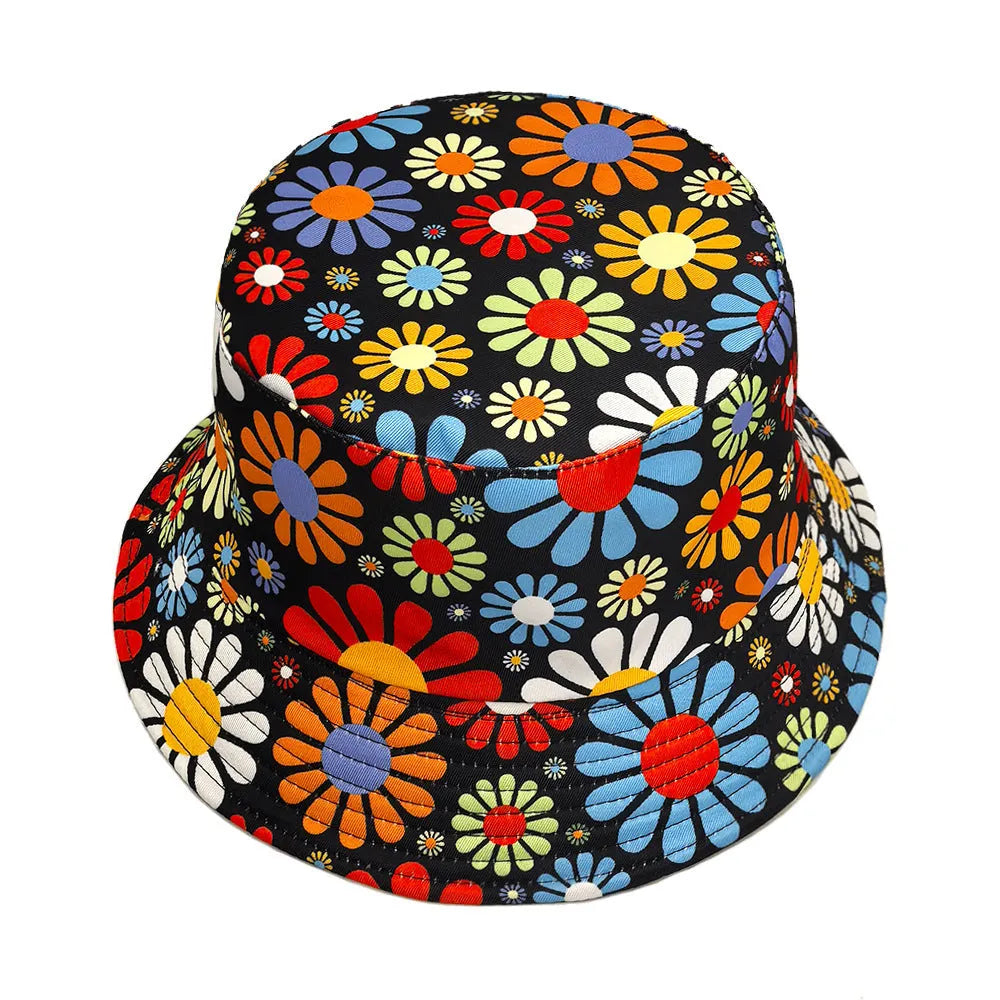 Colourful flower pattern polyester bucket hat with dome crown