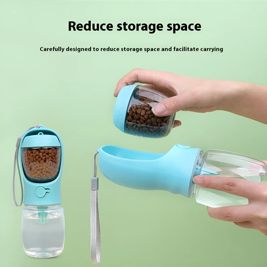 Blue portable plastic dog water bottle with fold-out drinking bowl for walks.