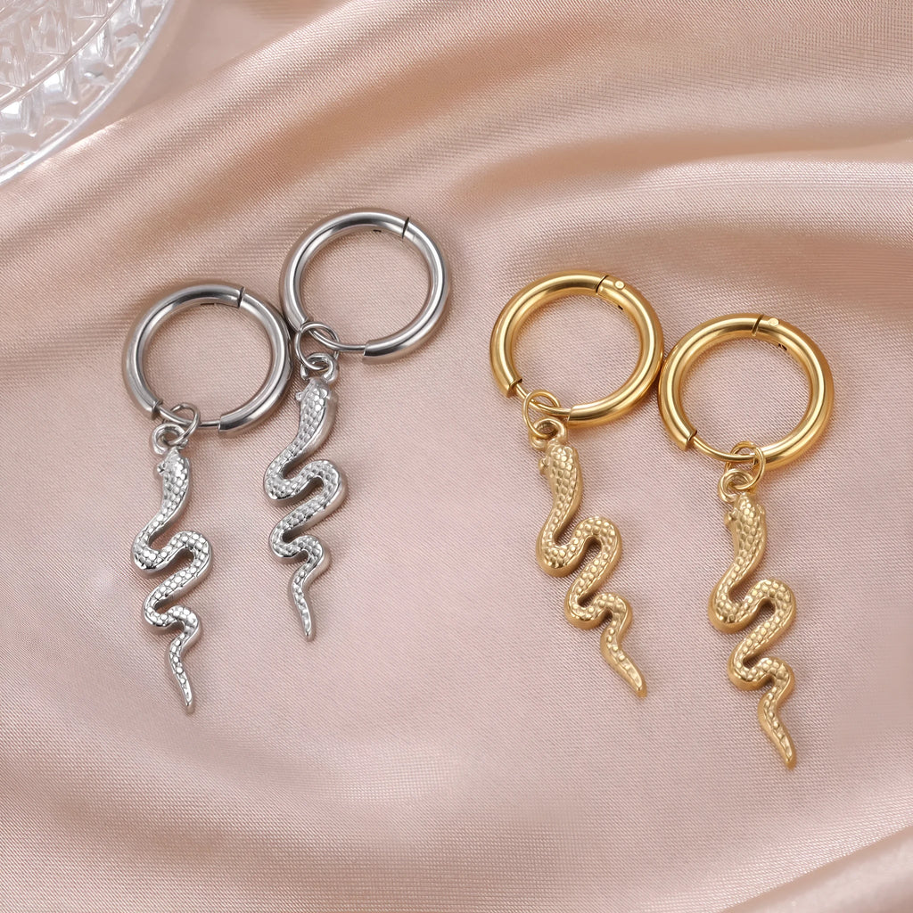 Gold plated snake-shaped stainless steel clip earrings with vintage animal design
