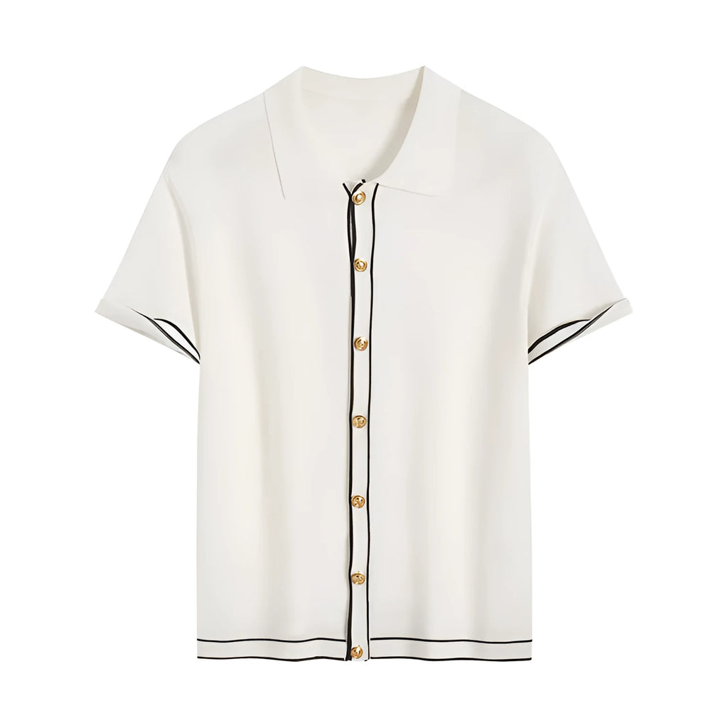White short sleeve cardigan with contrast colour lapels in old money style