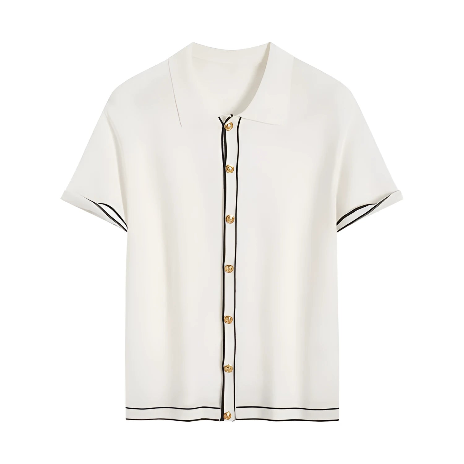 White short sleeve cardigan with contrast colour lapels in old money style