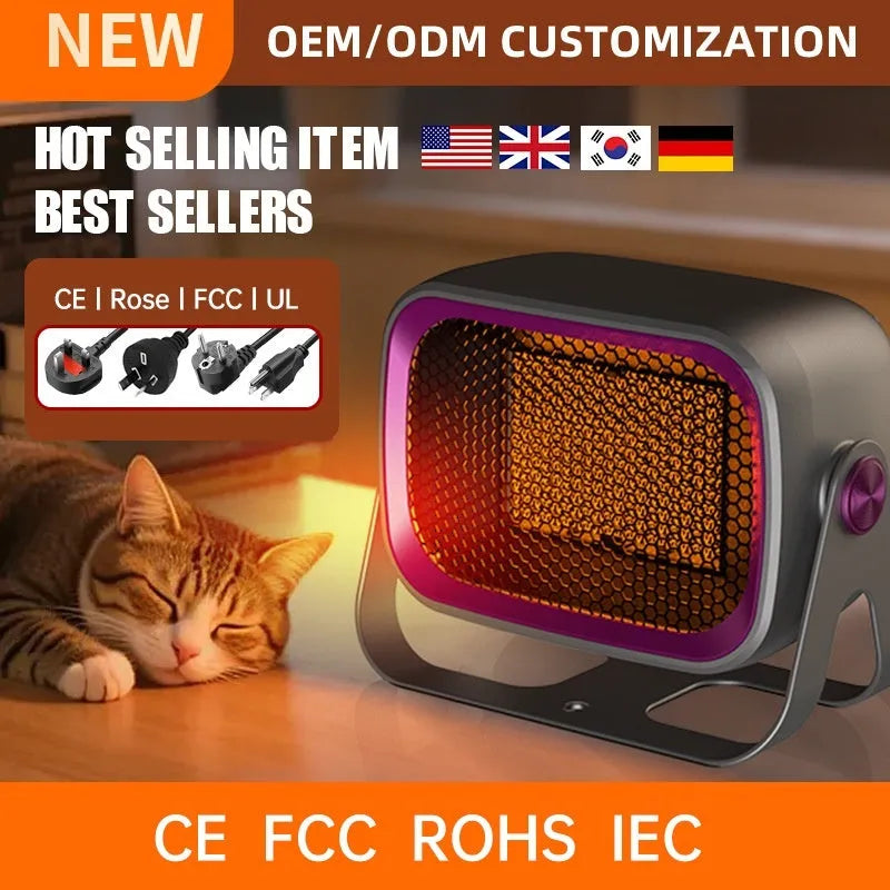 White PTC ceramic desktop electric heater with rotatable base and push-button controls