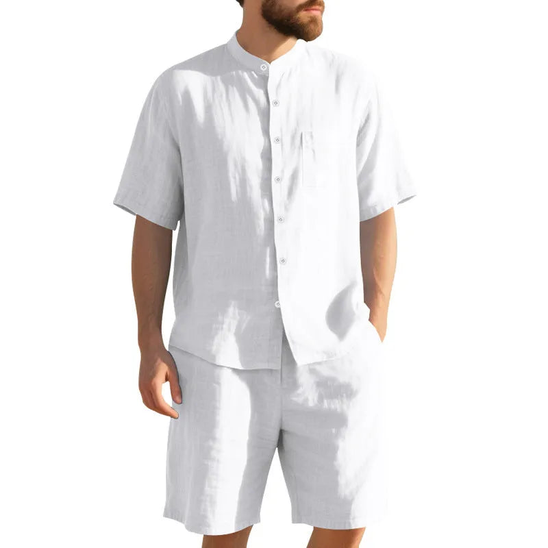 Men's linen Henry collar short sleeve shirt and matching shorts summer suit in multiple colours