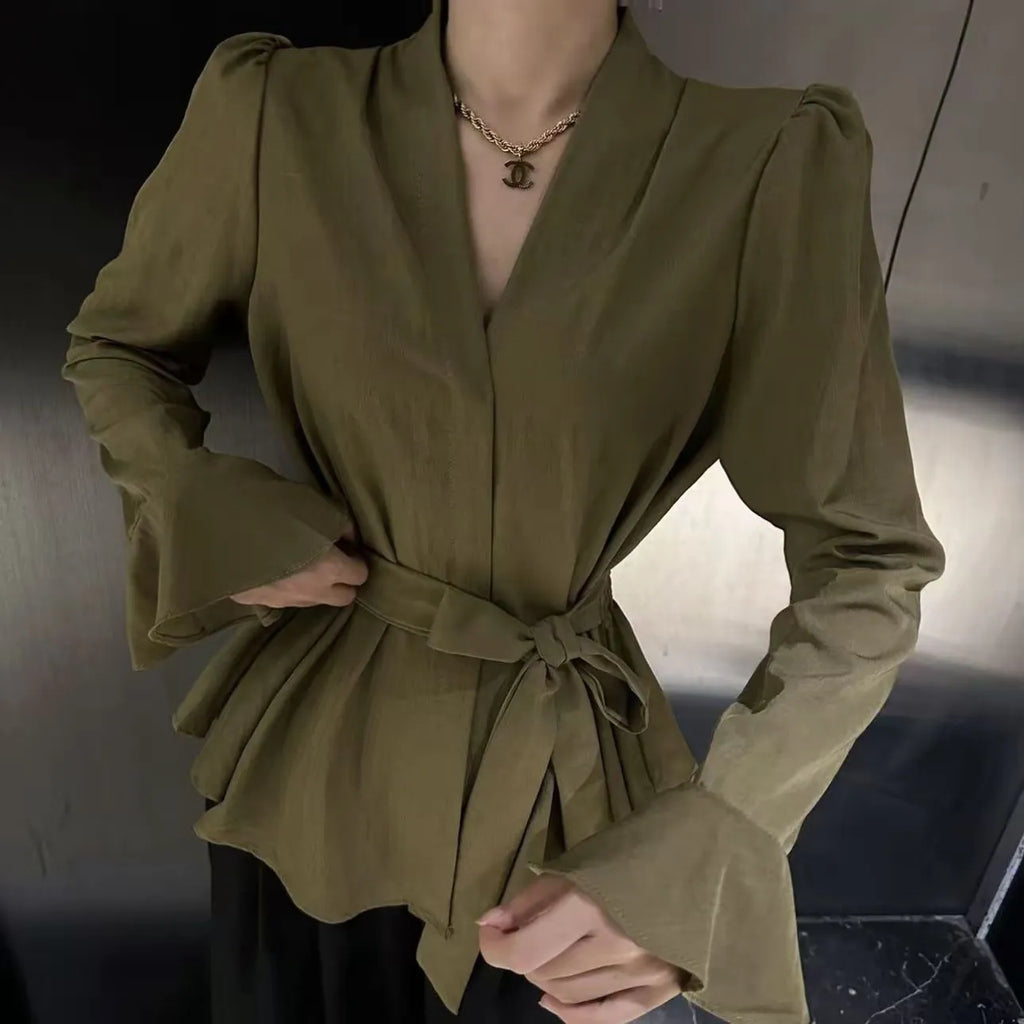 Women's French-style irregular collar long sleeve shirt with bell sleeves in wine red.