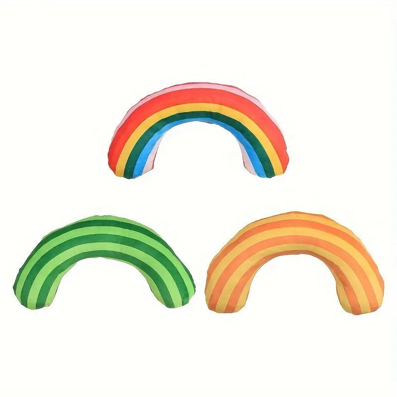Striped pattern cat pillow toy in green, rainbow, or yellow, showing dimensions of 23cm by 20cm.