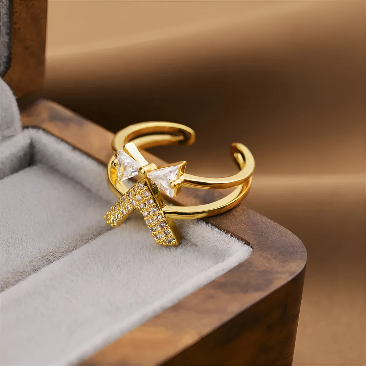 Gold electroplated geometric open ring on a copper base from a Korean fashion collection.