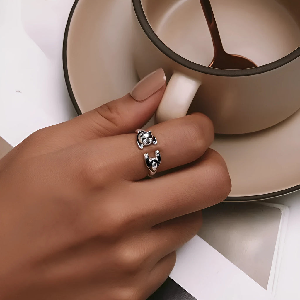 Sterling silver panda open ring bracelet with white gold plating and adjustable opening in SCR969-E colour