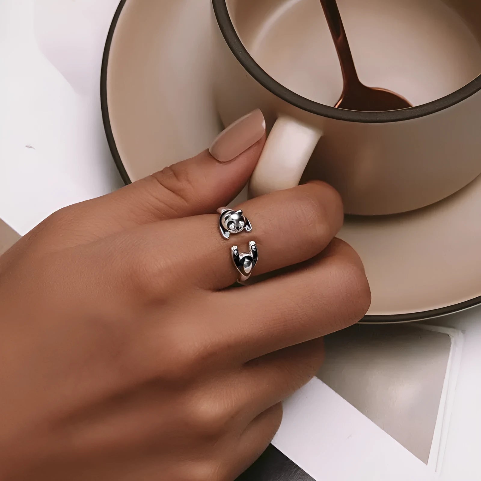 Sterling silver panda open ring bracelet with white gold plating and adjustable opening in SCR969-E colour