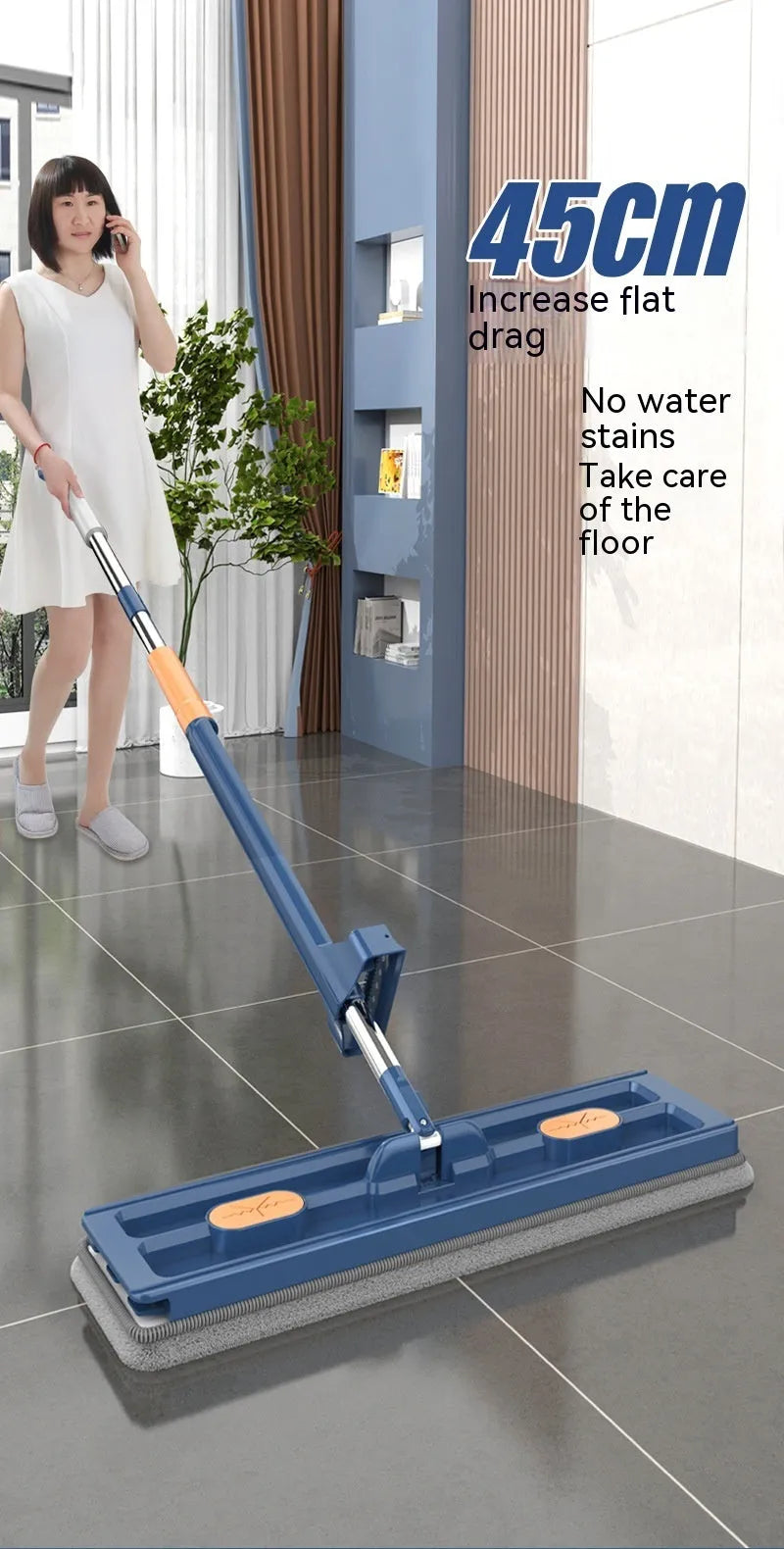 Large flat mop with rotating blue head on stainless steel handle next to white and blue cloths