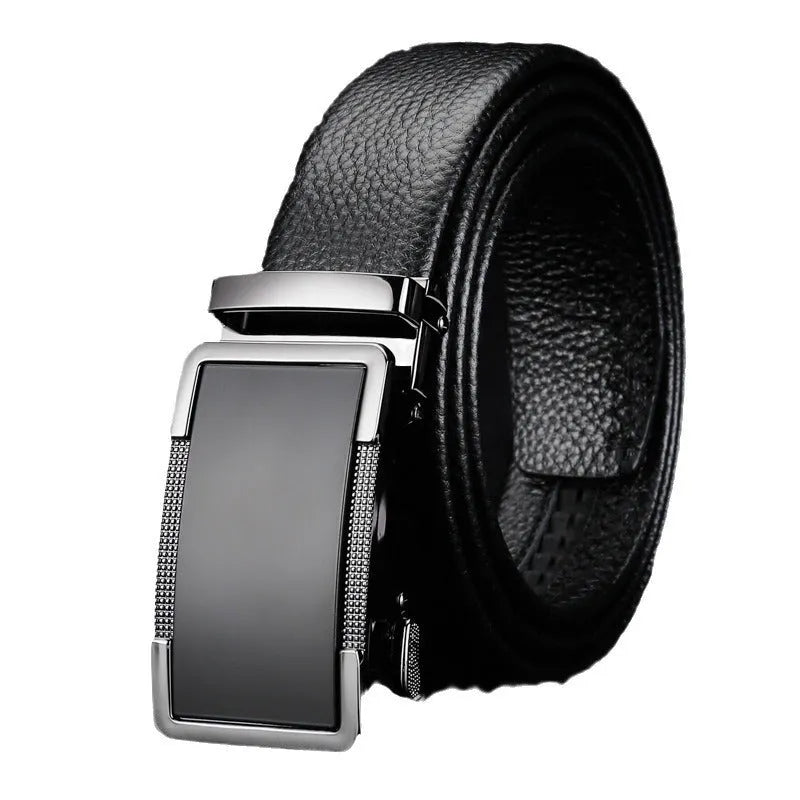 Men's automatic buckle leather belt showing comfort click fastening mechanism and electroplated surface
